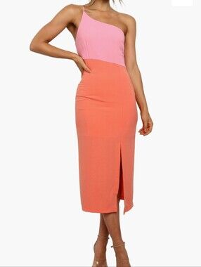 Petal And Pup Colorblock One Shoulder Midi Dress Orange/Pink Evening Cocktail